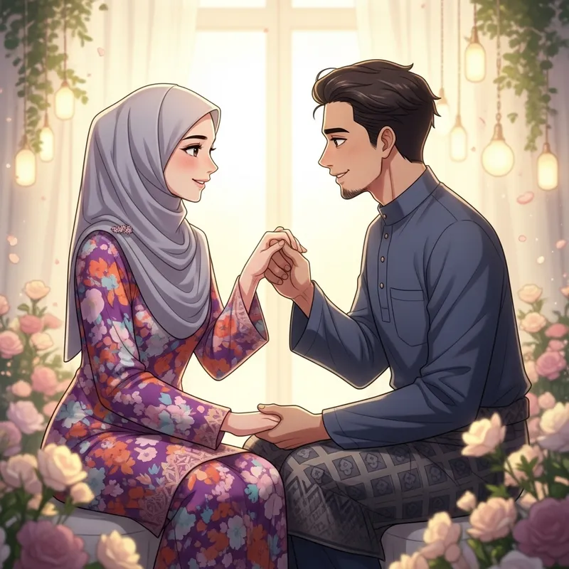 Young Malay Woman in Vibrant Baju Kurung Sharing a Warm Gesture