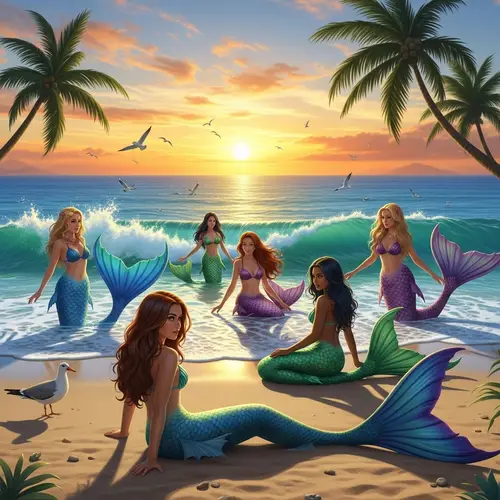 Beautiful Mermaids on a Beach - Ethnically Diverse Tails & Scenery