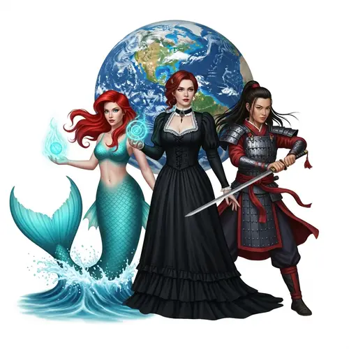 Red-Haired Mermaid, Victorian Gothic Lady & East Asian Warrior Join Forces