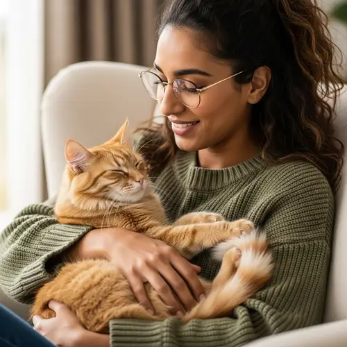 Happy Middle-Eastern Woman with Brunette Hair Holding Orange Tabby Cat