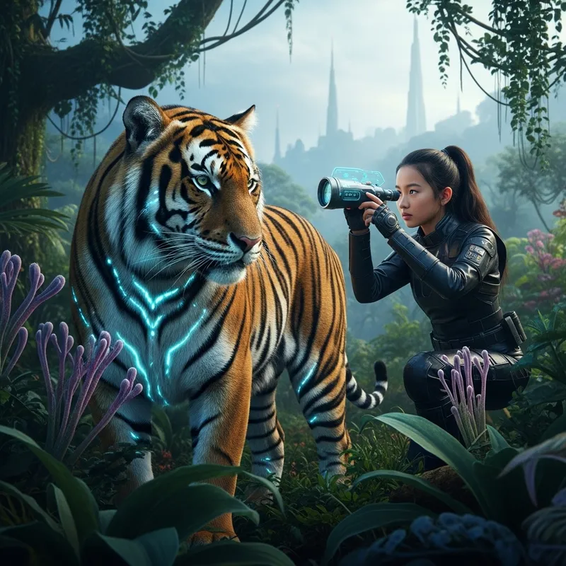 Thrilling Sci-Fi Encounter: Asian Girl with Bengal Tiger in Exotic Jungle
