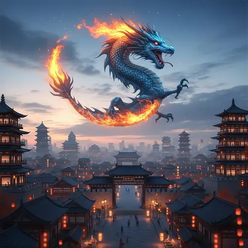 Majestic Blue Dragon Roaring Over Intricate Chinese City