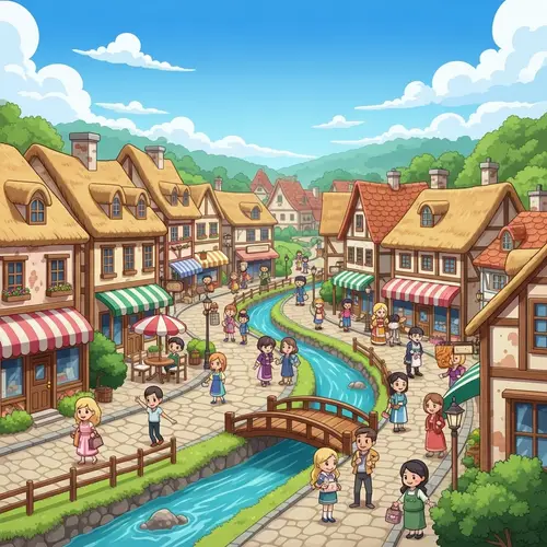 Charming Small Town Cartoon | Quaint Buildings & Cobblestone Streets