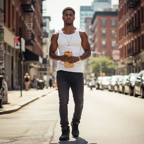 Athletic African-American Man Walking in Vibrant Urban Street
