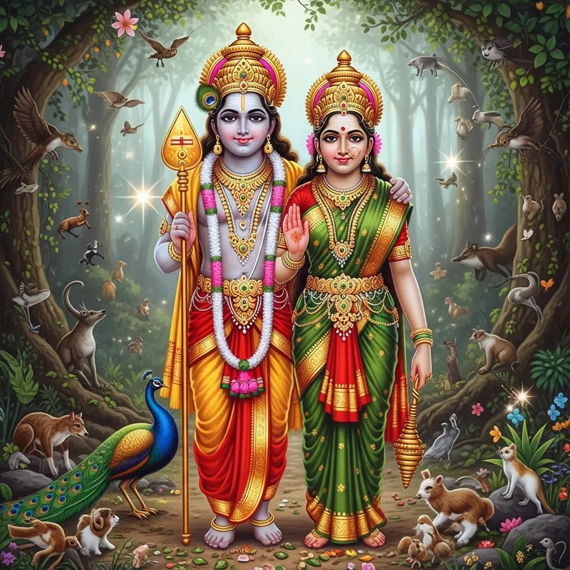 Lord Murugan and Parvati in Serene Forest