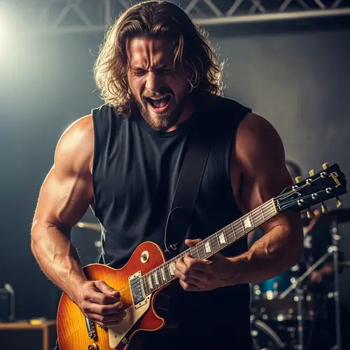 Muscular Guitar Player with Intense Facial Expressions