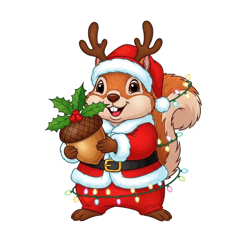 Whimsical Cartoon Squirrel in Santa Suit with Reindeer Antlers Whimsical Cartoon Squirrel in Santa Suit with Reindeer Antlers