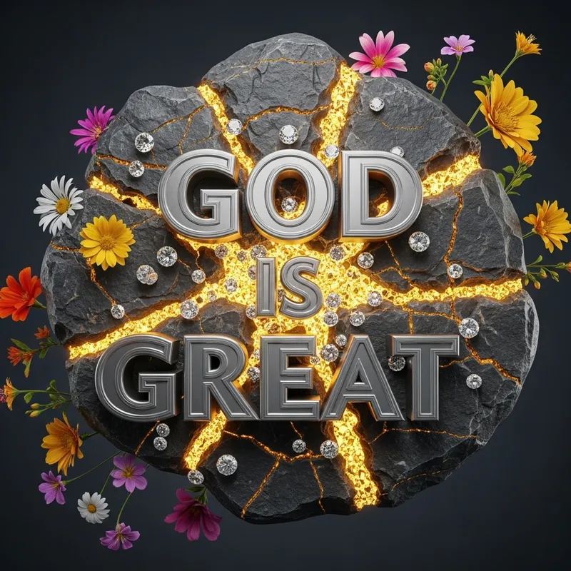 Hyper-Realistic 3D Stone Engraving: GOD IS GREAT Exuding Silver, Black, Gold, Diamonds & Flowers