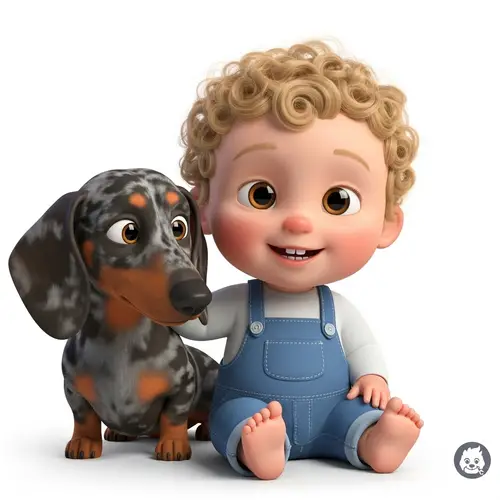 Curly Blonde-Haired Baby and Dachshund Dog | Child-Friendly Illustration