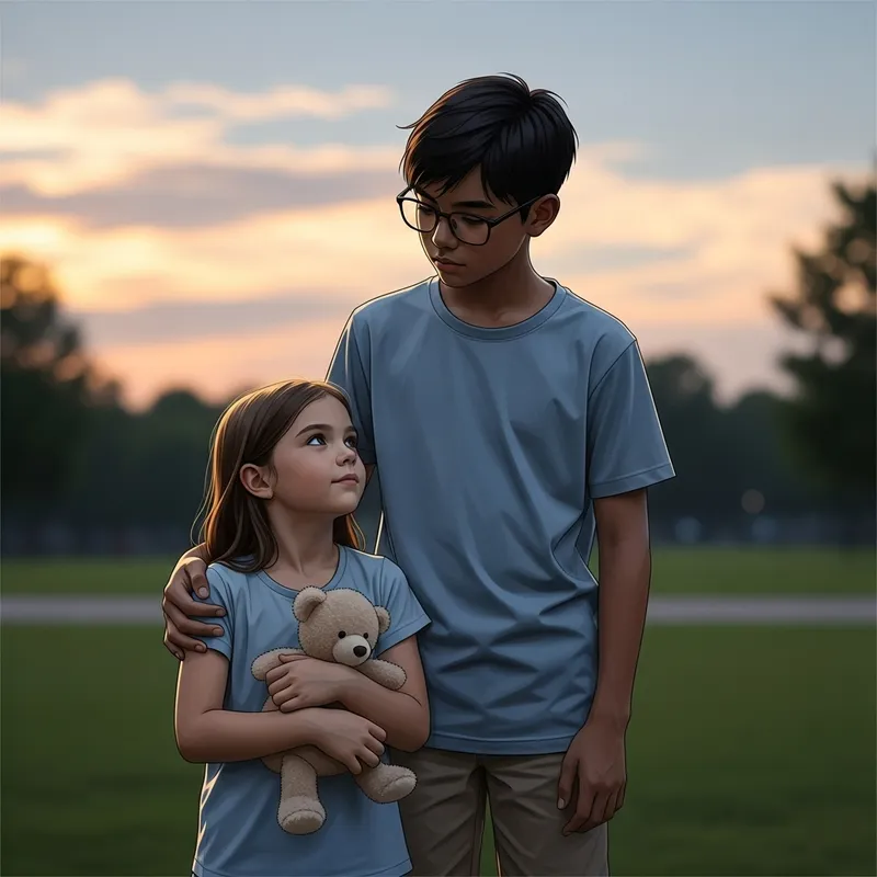 Caring Boy Guards His Little Sister at Twilight