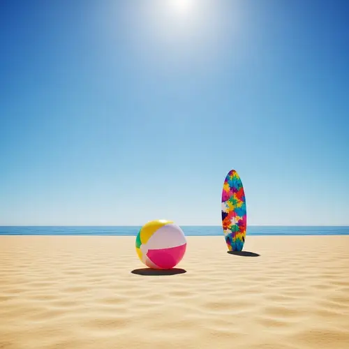 Tranquil Summer Beach Scene: Ball, Surfboard, Sun, Blue Sky