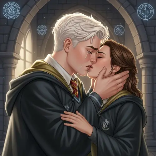 Emotional Kiss between Young Man and Woman in Magical School Attire