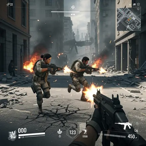 Intense First-Person Shooter Video Game Scene