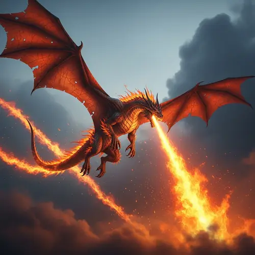 Fire Dragon Flying in Flames with Fire-Breath