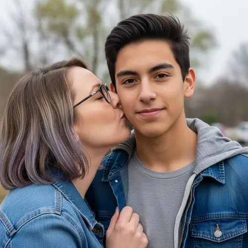 Caucasian Woman with Glasses Kissing Hispanic Teenage Boy