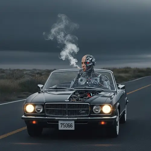 Futuristic Car with Humanoid-Robot Driver Smoking Inside