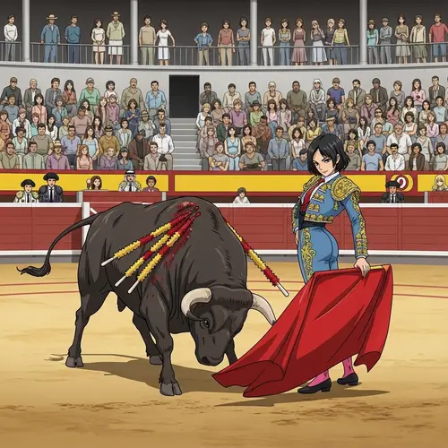Female Matador Engaging Bull in Diverse Arena | Anime Style