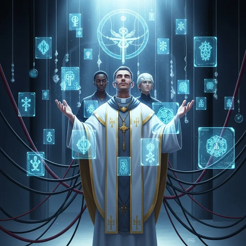 Futuristic Priest Performing High-Tech Ritual | Sacred Symbols