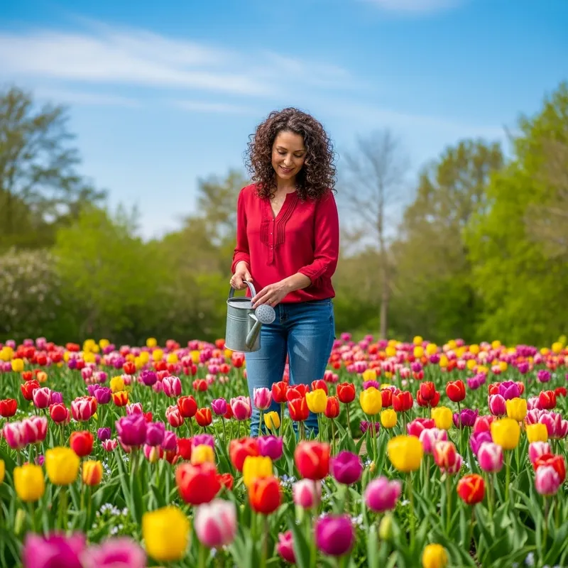Serenity: Beautiful Woman Tending Colorful Tulips in Garden