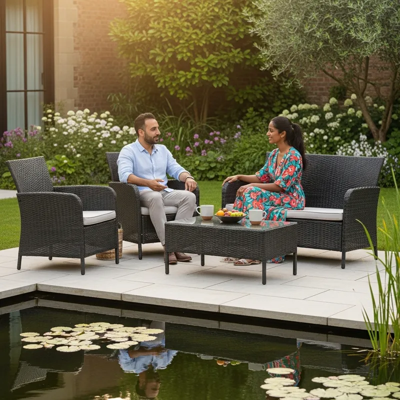 Outdoor Patio Furniture Set with Chatting Couple by the Pond