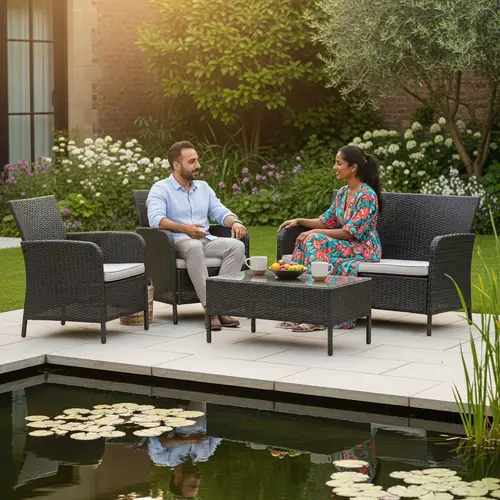 Outdoor Furniture Set with Conversing Multicultural Couple