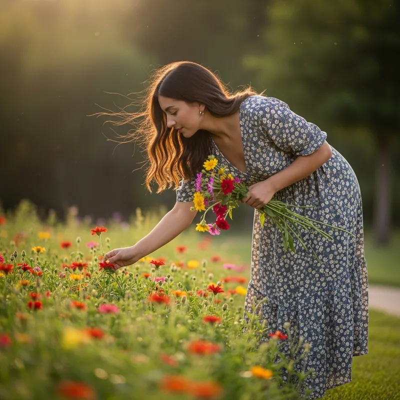 Capturing Serenity: Woman Picking Vibrant Flowers in Sunlit Garden