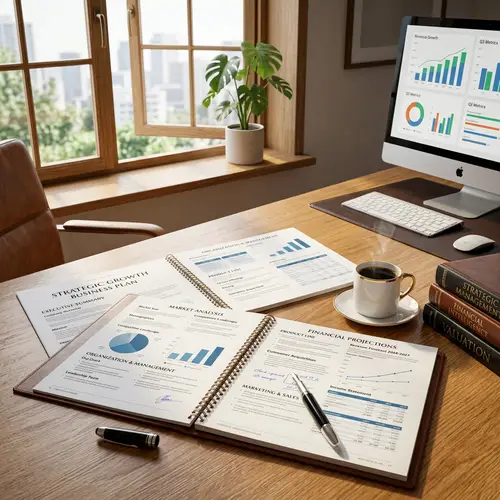 Luxurious Business Plan on Oak Desk | Key Sections & Tools