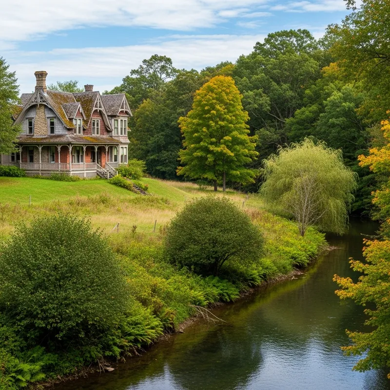 Vintage House River View with Green Trees