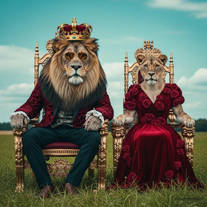 Majestic Lion King & Queen in Rose Velvet Outfits | Enchanted Fantasy Image