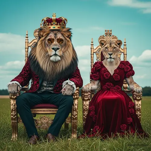 Fantasy Lion King and Queen in Human-like Clothing | Magical Realism Image