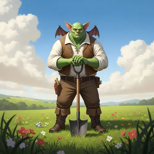 Green Creature with Shovel in Lush Field