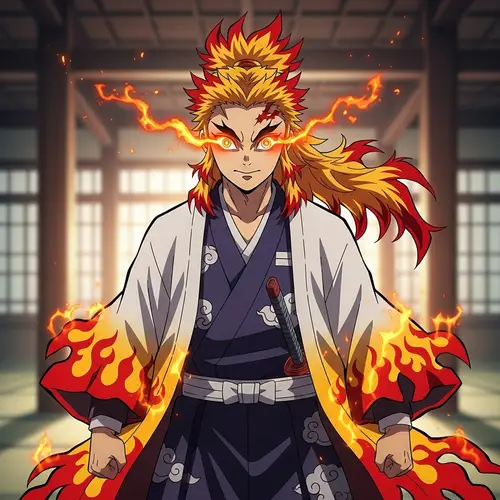 Fiery Anime Character in Traditional Kimono with Flame-Patterned Haori