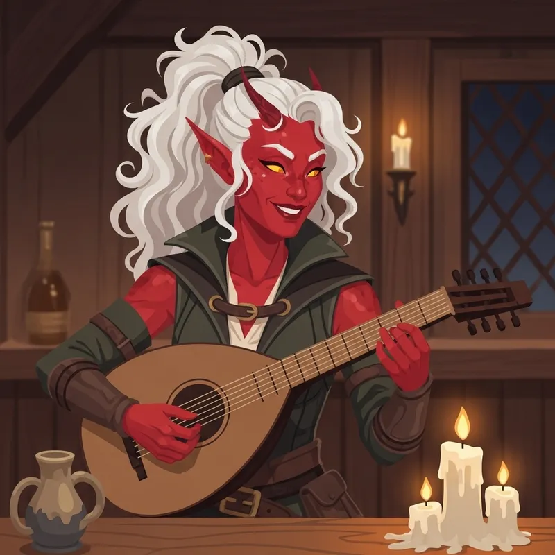 Mischievous Tiefling Lute Player in Dimly Lit Tavern | Fantasy Character Art
