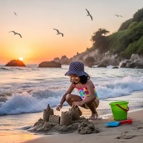Young South Asian Girl Building Sandcastle at Beach