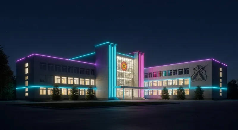 Futuristic Soviet Style School with Neon Lights in Palmela, Portugal