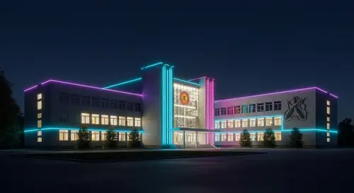 Futuristic Soviet Style School with Neon Lights in Palmela, Portugal