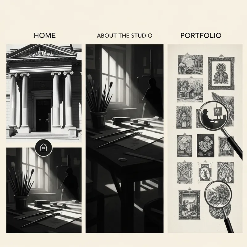 Vintage Website Pages: Home, Studio, Portfolio Prints