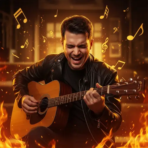 Passionate Acoustic Guitarist in Black Leather Jacket | Music Melody