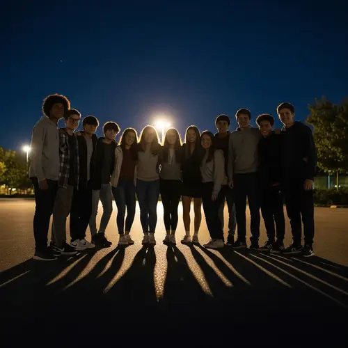 Nighttime Group of Diverse Teenagers Capturing Unity and Camaraderie