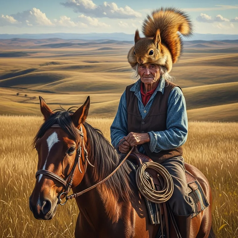 Elderly Man Wearing Squirrel Hat Rides Horse in Autumn Scene