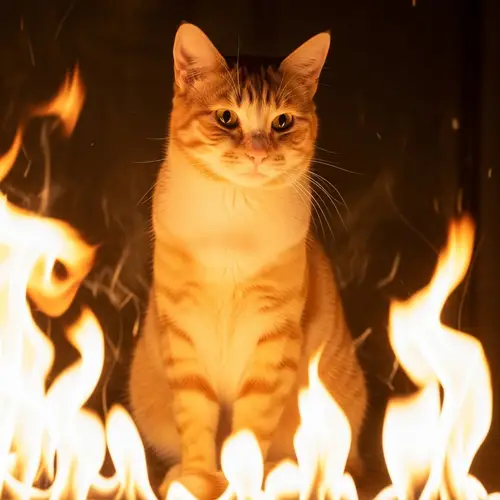 Intense Orange and White Striped Cat in Safe Setting with Illusion of Fire