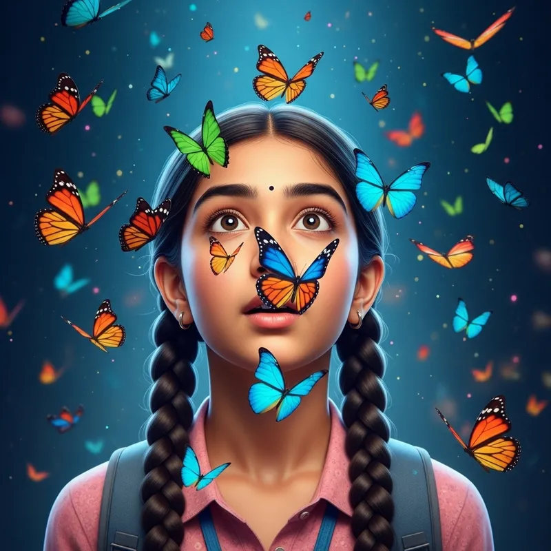 Enchanting South Asian Girl Surrounded by Colorful Butterflies Enchanting South Asian Girl Surrounded by Colorful Butterflies