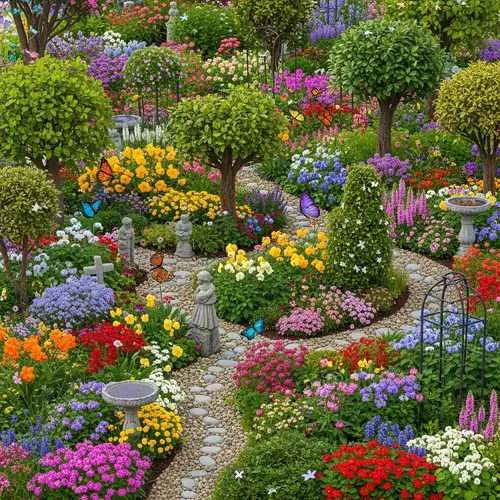 Vibrant Garden Scene with Colorful Flowers, Butterflies, and Whimsical Trees