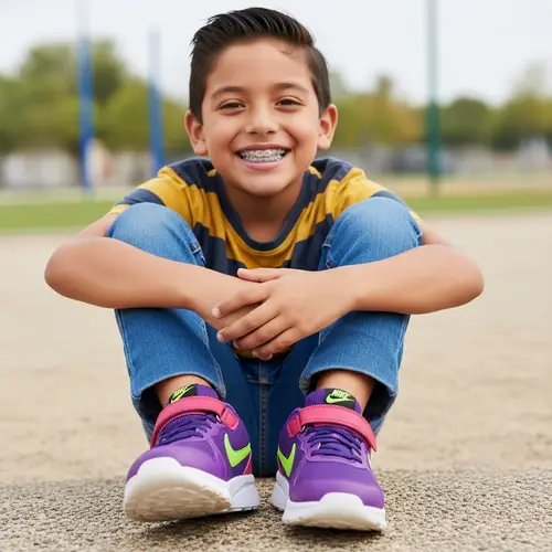 Cheerful Kid with Braces in Stylish Nike Sneakers