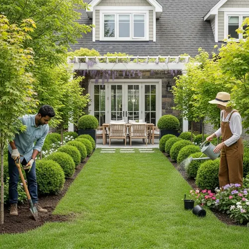 Beautiful Backyard Landscaping with Green Lawn and Flower Garden