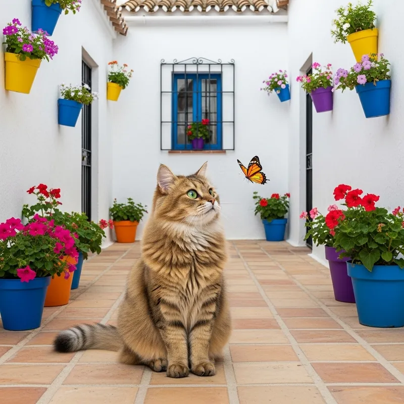 Spanish Cat on Tiled Patio - Luxurious Fur and Green Eyes
