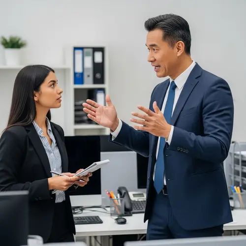 Professional Asian Male Coaching Young Hispanic Female in Modern Office Setting