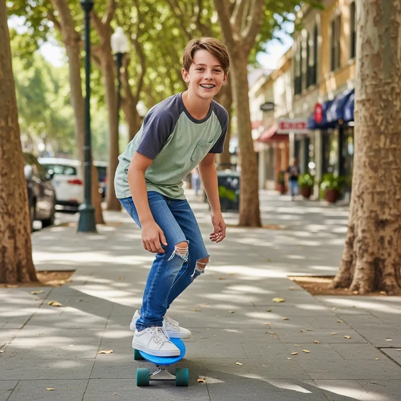 Cheerful Kid Skateboarding with Blue Braces Cheerful Kid Skateboarding with Blue Braces