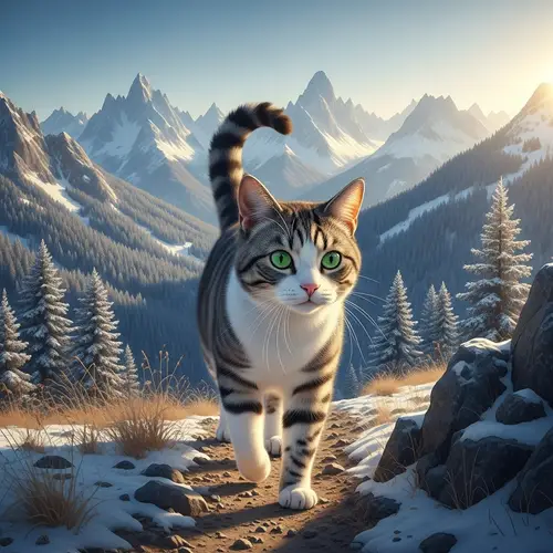 Beautiful Cat Walking in Stunning Mountain Landscape