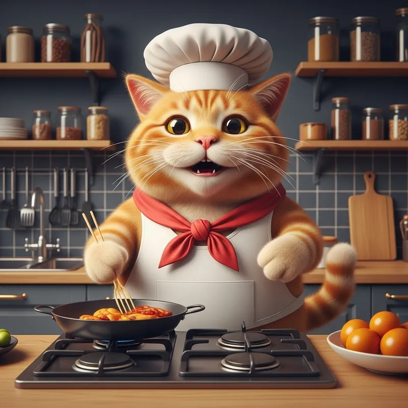 Chubby Ginger British Cat Chef Cooking Happily in Kitchen